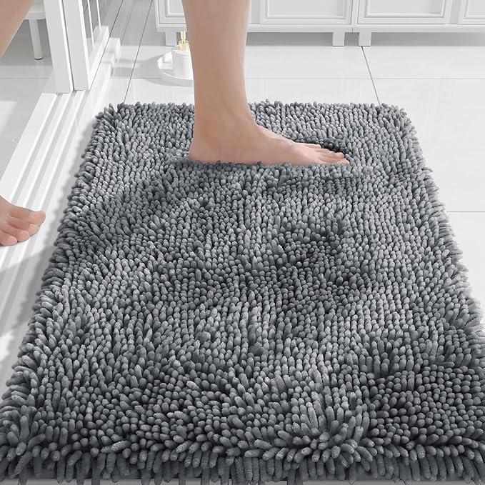 Yimobra Chenille Bathroom Rugs Non Slip, Extra Thick Soft Absorbent Bath Rug, Machine Washable Quick Dry Bath Mat for Bathroom Floor, Tub and Shower, Home Decor Accessories, 24x17, Silver