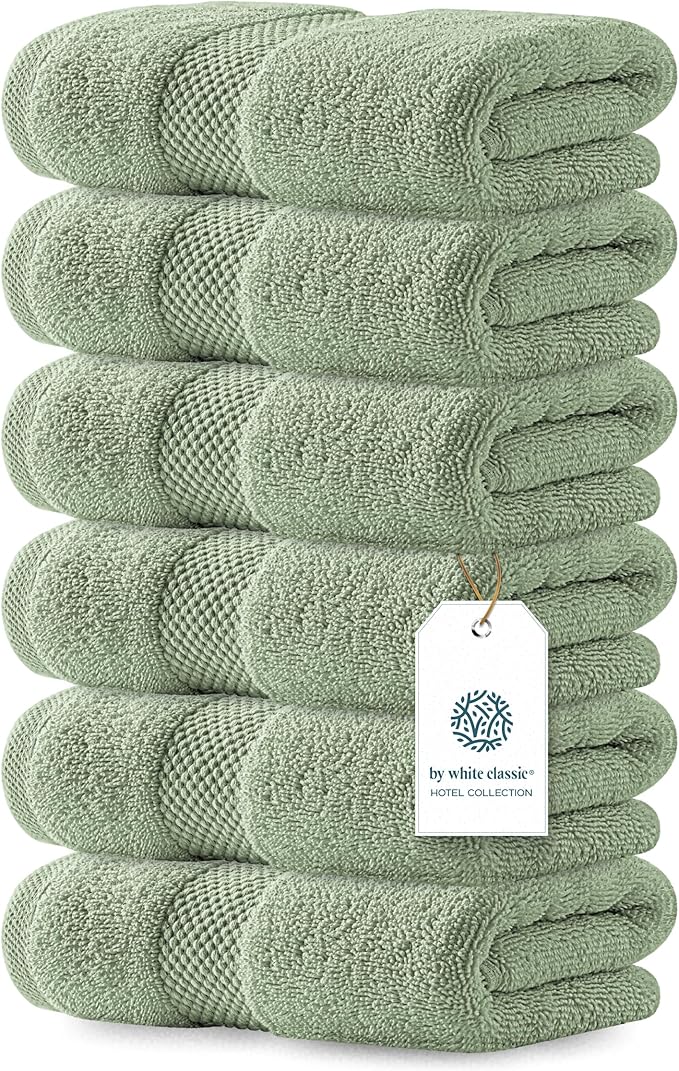 White Classic Luxury Light Green Hand Towels - Soft 100% Turkish Cotton | Highly Absorbent Hotel spa Bathroom Towel Collection | 16x30 Inch | Set of 6