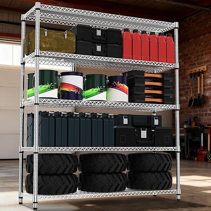 5 Tiers Shelf 3300 lbs Steel Storage Shelving Utility Shelving Unit Steel Organizer Wire Rack for Home,Kitchen,Office,Garage Chrome 17.7" D x 47.2" W x 70.3" H