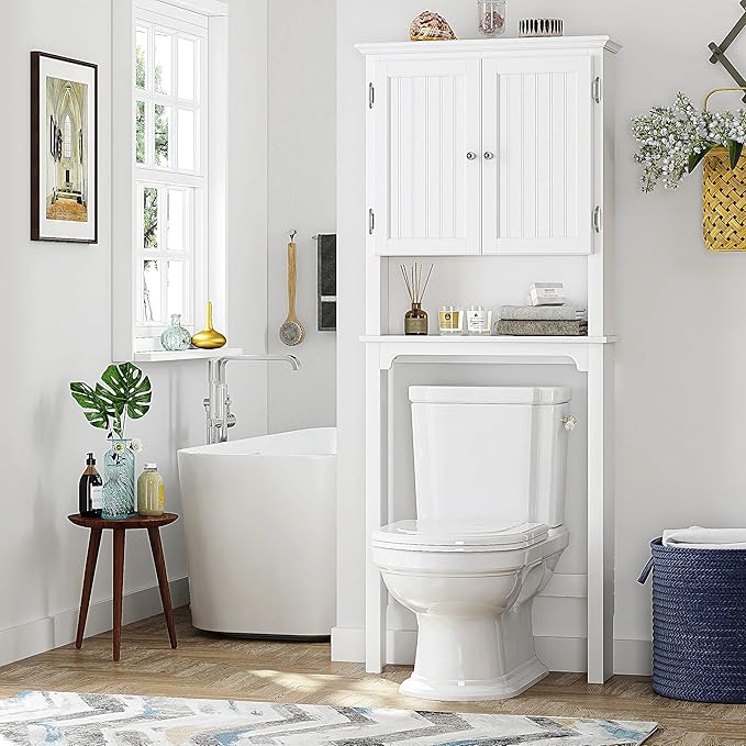 UTEX Over The Toilet Storage Cabinet, Over Toilet Bathroom Organizer with Adjustable Shelves and Double Doors, White