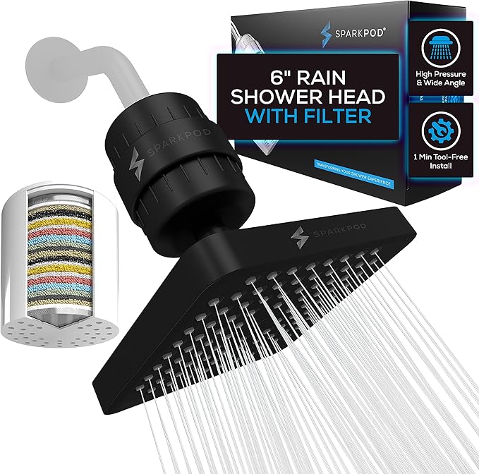 SparkPod Luxury Filtered Shower Head Set 23 Stage Shower Filter - Reduces Chlorine and Heavy Metals - High Pressure Showerhead Filter (6" Square, Midnight Black Matte)