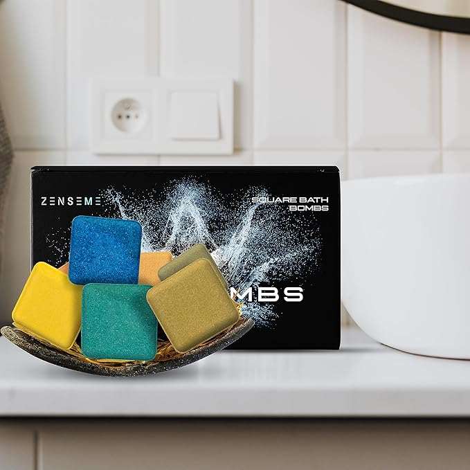 Bath Bombs for Men - Gift Set of 8 Scented Organic Handmade Natural Bath Bombs of 2.5 oz w/Natural Essential Oils, Unique Extra Strength Manly Scents, for Boyfriend, Husband, Father - Square Shape