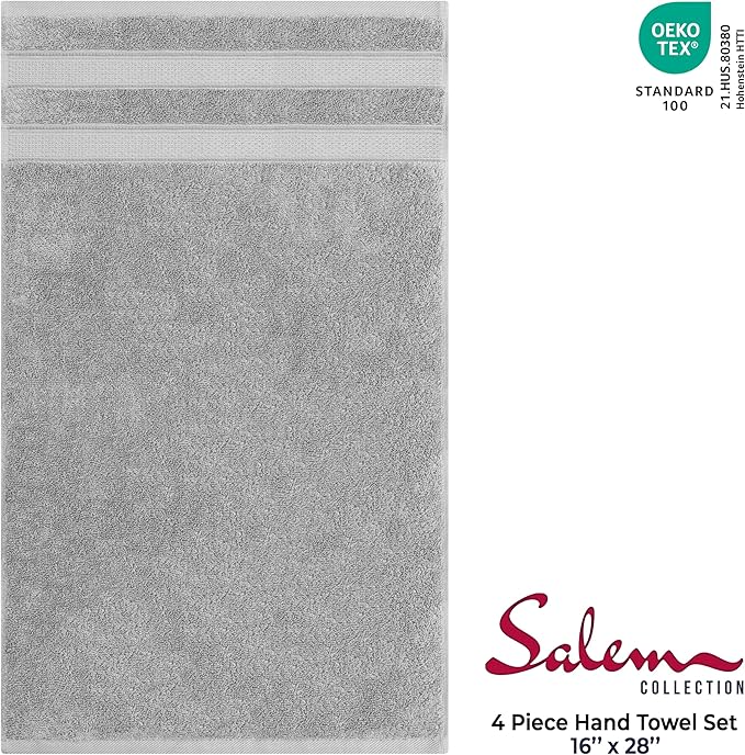 American Soft Linen Salem 100% Cotton Turkish 4 Piece Hand Towels for Bathroom, 600 GSM Soft Absorbent Quickdry Hand Face Towel Set, Cool Grey