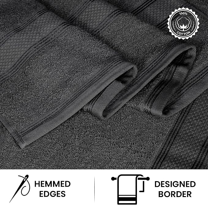Casa Lino 100% Cotton Bath Towels Set of 4 (1 Bath Towel, 1 Hand Towel & 2 Wash Cloths) - Bathroom Towels and Washcloths Set - Complete Bathroom Set - Guest Room Essentials - (Charcoal Black)