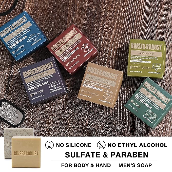 Rinse & Robust Mens Natural Bar Soap 6Pcs Handmade Cleansing Soap Bar Set Moisturizing&Exfoliating Scrub Soap Gifts for Men 6 Different Scents 3.5 oz of 6 Bars