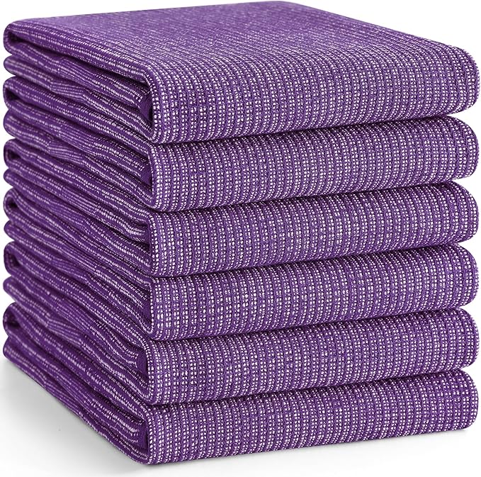 Homaxy Premium Kitchen Towels(18”x 28”, 6 Pack), Large Cotton Kitchen Hand Towels, Flat and Terry Dish Towels, 380 GSM Highly Absorbent Tea Towel Set with Hanging Loop, Purple