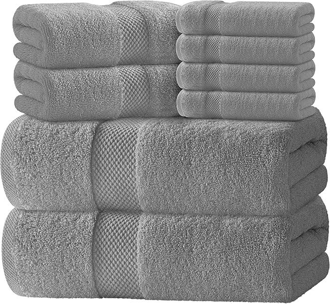 White Classic Luxury Bath Towel Set of 8 Pieces - 100% Turkish Cotton Highly Absorbent Towels for Bathroom, 2 Luxury Bath Towels 700GSM, 2 Hand Towels, 4 Washcloths, Light Gray