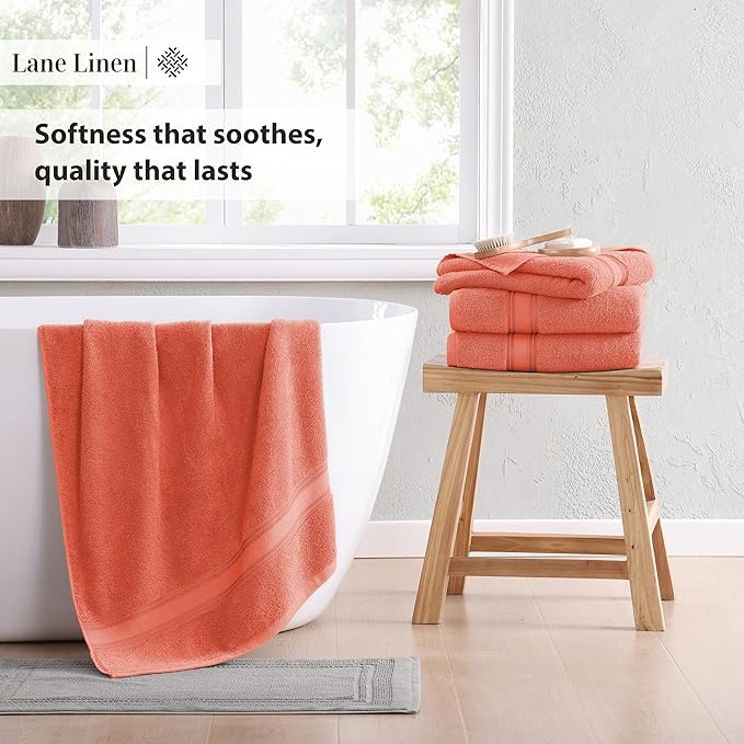 LANE LINEN 100% Cotton Zero Twist, Bath Towels (28"x54") - 4 Pieces - Large Towels for Bathroom - Quick Drying, Soft & Absorbent Large Shower Towel Set - Used in Gym, Hotel, Spa, Home - Living Coral