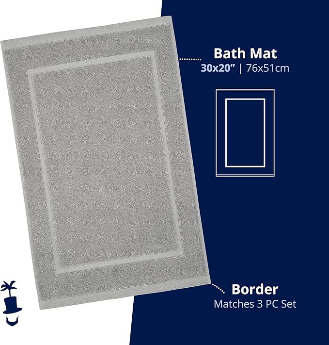 Lincoln & Palm 1-Piece Turkish Cotton Bath Mat - Soft, Plush, and Absorbent - 1000 GSM Thick Luxury Spa and Hotel Style - No Rubber Backing - Silver-Infused SILVERbac (1 Piece Bath Mat, Silver)