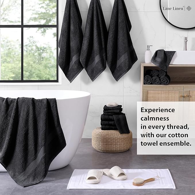 LANE LINEN 100% Ring Spun Cotton Black Bath Towel Set, 18PCs - 6 Hand, 8 Washcloths, 4 Shower Towels - Machine Washable & Sustainably Produced, Ultra Soft, Highly Absorbent & Pet Friendly