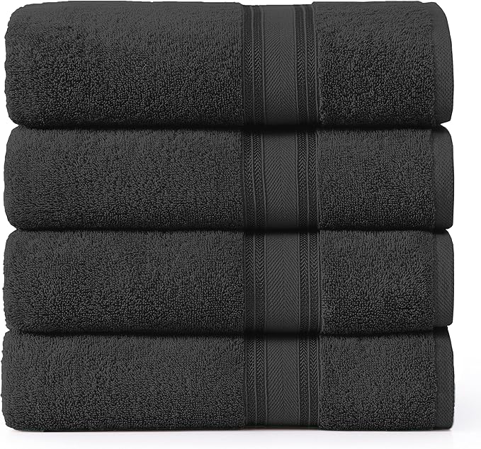 LANE LINEN 100% Cotton Bath Towels 4 Pack (28"x54") - Zero Twist, Mercerized Cotton Large Towel Set for Bathroom - Quick Dry, Soft & Absorbent Large Bath Towel Set - Oeko Tex Certified - Black Towels