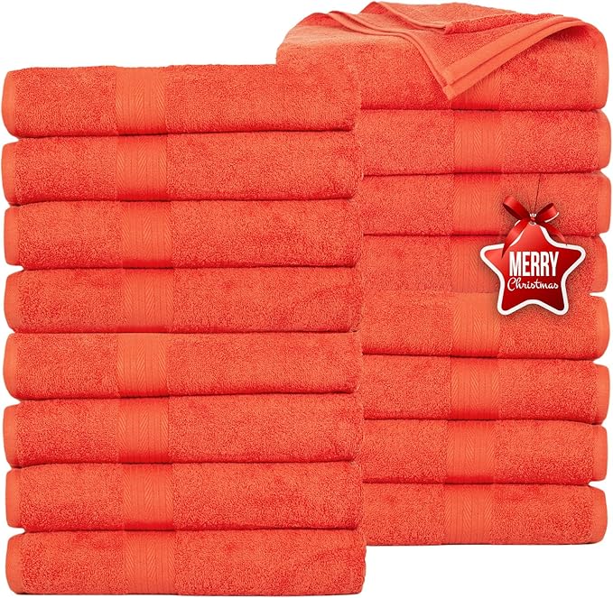 Ample Decor Bath Towels Pack of 16 600 GSM 100% Cotton, Absorbent Soft Premium Quality Machine Washable, Oeko Tex Certified, for Bathroom, Hotel, Spa, Gym, Kitchen - Orange - 30 X 54 Inch