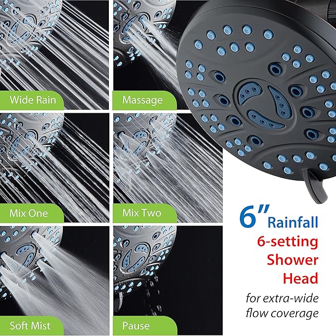 Hotel Spa AquaCare As-Seen-On-TV High Pressure Handheld & Rain 50-mode 3-way Shower Head Combo with Anti-clog Jets, 2-mode Tub & Pet Power Wash, Extra Wall Bracket, 6 ft. Hose, Matte Black