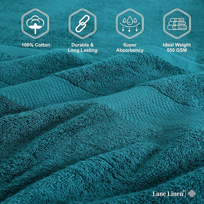 LANE LINEN 100% Cotton 6 Piece Bath Towel Set - Ring Spun, Quick Dry, Super Soft & Highly Absorbent - 2 Bath, 2 Washcloths, 2 Bathroom Hand Towels - Hotel Quality Luxury Bathroom Towel Set - Sea Port