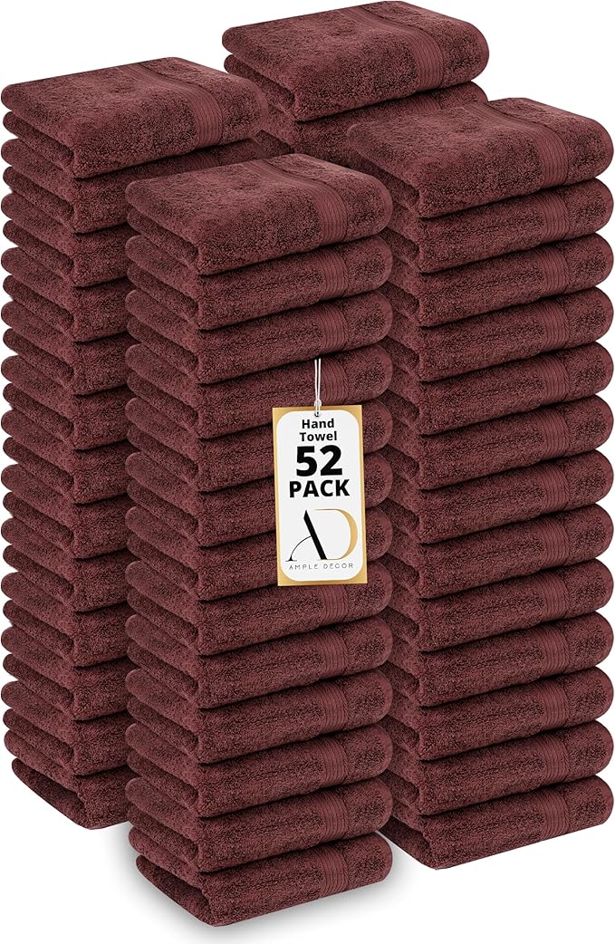 Ample Decor Hand Towel 18 X 28 Inch Pack of 52 600 GSM 100% Cotton, Soft Absorbent Thick Durable Premium Quality, for Hotel, Bathroom, Spa, Daily Use, Gym - Machine Washable - Brown