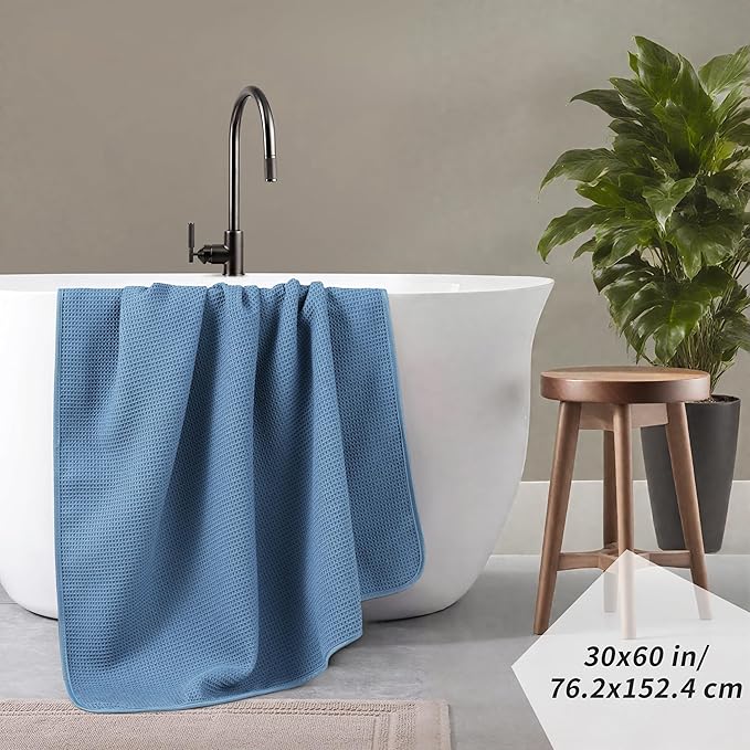 POLYTE 380 GSM Microfiber Oversize Quick Dry Lint Free Waffle Bath Towel for Body, 60 x 30 in, Set of 2