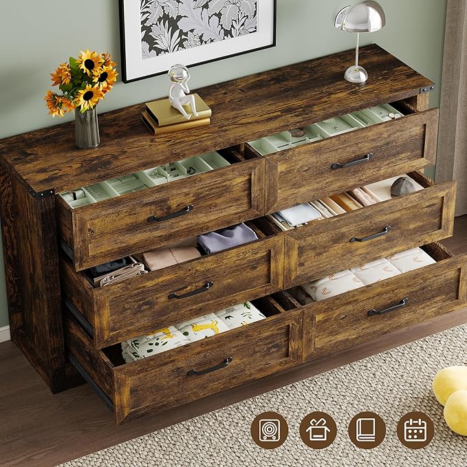 6-Drawer Dresser for Bedroom, Modern Wooden Chest of Drawers with Metal Handles, Anti-Tipping Design, Sturdy and Stable Storage Organizer for Living Room, Entryway, Home Office