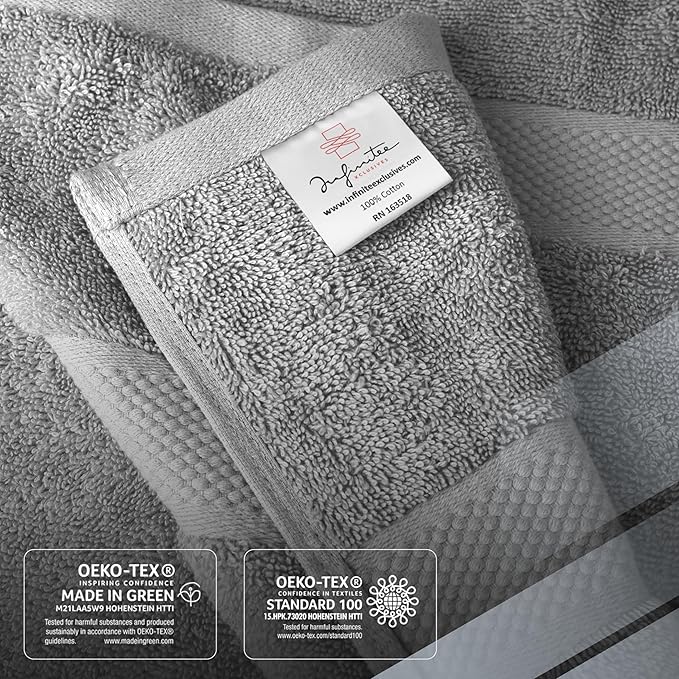 Infinitee Xclusives Luxury 100% Cotton Towel Set – 8 Piece Bathroom Towel Set (2 Bath Towels, 2 Hand Towels, 4 Washcloths) – Soft & Absorbent Towels for Bathroom (Charming Grey)