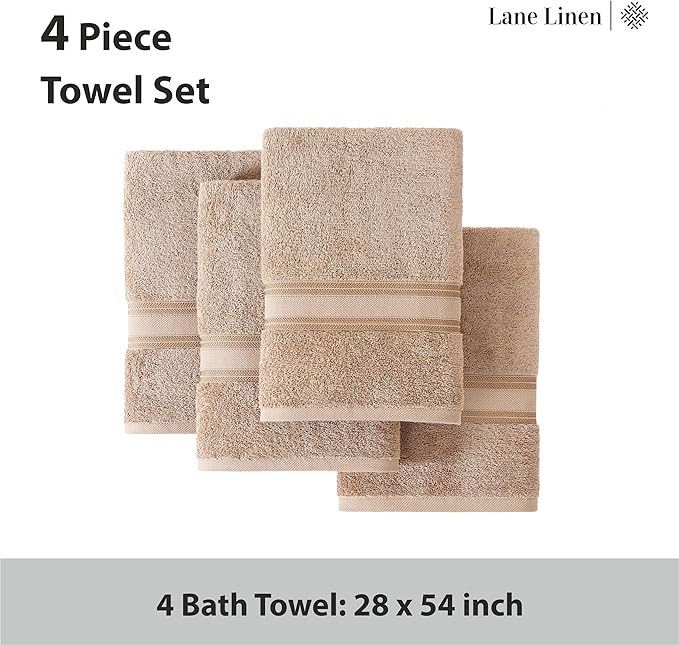 LANE LINEN 100% Cotton Bath Towels Set of 4 (28"x54") - Zero Twist, Cotton Bathroom Towel Sets - Quick Dry, Highly Soft & Absorbent Large Shower Towels for Bathroom - Sustainabaly Produced - Taupe