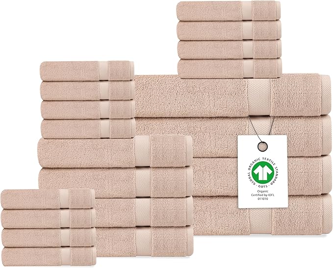 Delara Organic Cotton Luxuriously Plush Bath Towel 20 Piece Set|GOTS & Oeko-TEX Certified|Premium Hotel Quality Towels|Feather Touch Technology|650 GSM Long Staple|Soft, Quick Dry & Ultra-Absorbent
