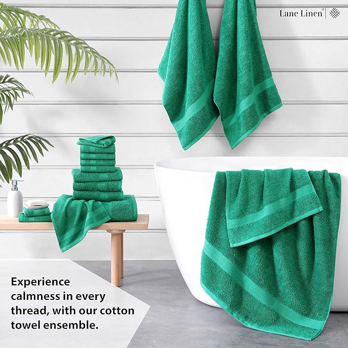 LANE LINEN 100% Cotton 16 Piece Bath Towel Set - Ring Spun, Quick Dry, Super Soft & Highly Absorbent - 4 Bath, 8 Washcloths, 4 Hand Towels for Bathroom - Hotel Quality Bathroom Towel Set - Emerald