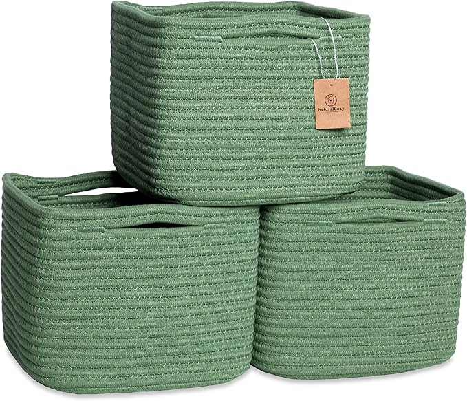 NaturalCozy Storage Cubes 9”x9”x7”Cotton Rope Woven Baskets for Organizing 3-Pack | 9 Inch Cube Storage Bin | Small Basket for Shelf Nursery, Pantry, Decorative Plant, Bathroom Closet, Toy Gift