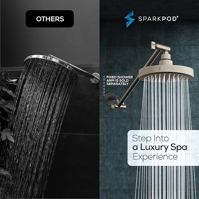 SparkPod Round Rain Shower Head with Shower Head Extension Arm - High Pressure Rain - Luxury Modern Look - No Hassle Tool-less 1-Min Installation (16" Shower Arm Extension, Brushed Nickel Finish)