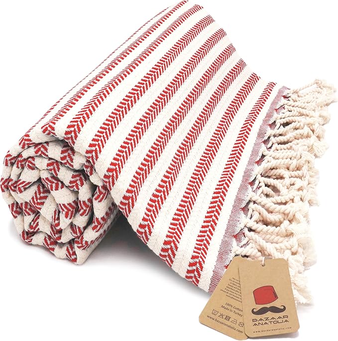 Bazaar Anatolia Turkish Beach Towel – 100% Cotton, Quick Dry, Sand Free Towel for Bathroom, Travel, Camping – Oversized 71x39 Inches – Arpa Red