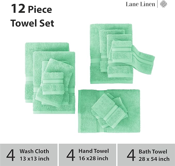 LANE LINEN Luxury Bath Towel Set of 12 – 100% Mercerized Cotton, 4 Bath Towels, 4 Hand Towel & 4 Washcloths, Zero Twist, Remains Soft & Absorbent Even After Multiple Washes - Aqua Sky