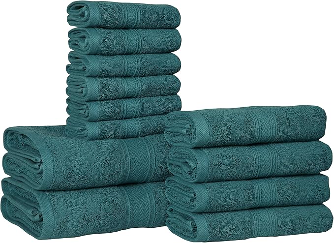 Hillfair 12-Piece 600 GSM Cotton Bath Towel Set - Hotel Spa Towels: 2 Bath, 4 Hand, 6 Washcloths - Absorbent, Super Soft - Teal