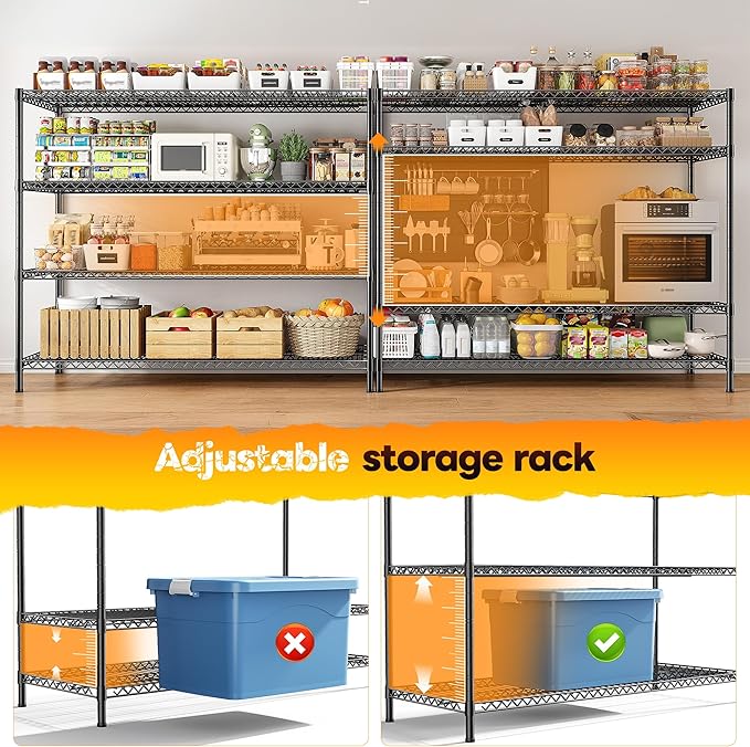 REIBII 2560LBS Storage Shelves 55.5"W Metal Shelving Unit 4 Tier Wire Shelving Commercial Adjustable Garage Shelving Heavy Duty for Storage Rack for Pantry, Garage, Kitchen, 55.5"W x 18"D x 55.5"H