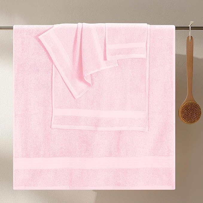 GLAMBURG Ultra Soft 8-Piece Towel Set - 100% Pure Ringspun Cotton, Contains 2 Oversized Bath Towels 27x54, 2 Hand Towels 16x28, 4 Wash Cloths 13x13 - Ideal for Everyday use, Hotel & Spa - Pink