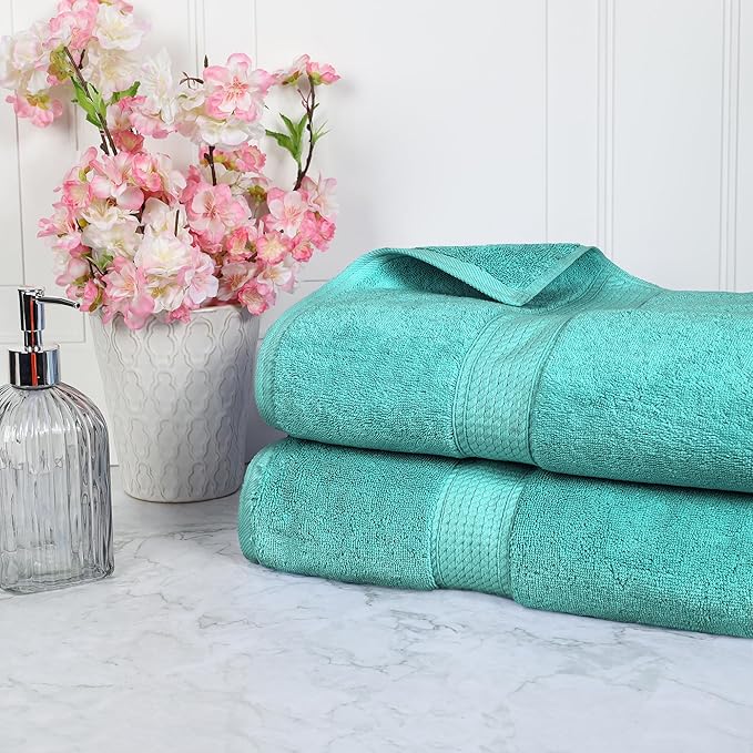 Superior Egyptian Cotton Pile Bath Sheet Set of 2, Ultra Soft Luxury Towels, Thick Plush Essentials, Absorbent Heavyweight, Guest Bath, Hotel, Spa, Home Bathroom, Shower Basics, Turquoise