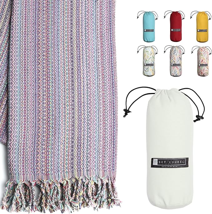 BAY LAUREL Turkish Beach Towel with Travel Bag 39 x 71 Quick Dry Sand Free Lightweight Large Oversized Towels Light