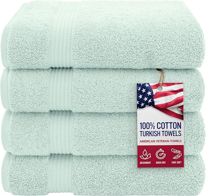 American Veteran Towel, 100% Cotton Turkish Bath Towels for Bathroom 4 Pack, 27x54 Extra Large Premium Soft Drying Bathroom Towels, Mint