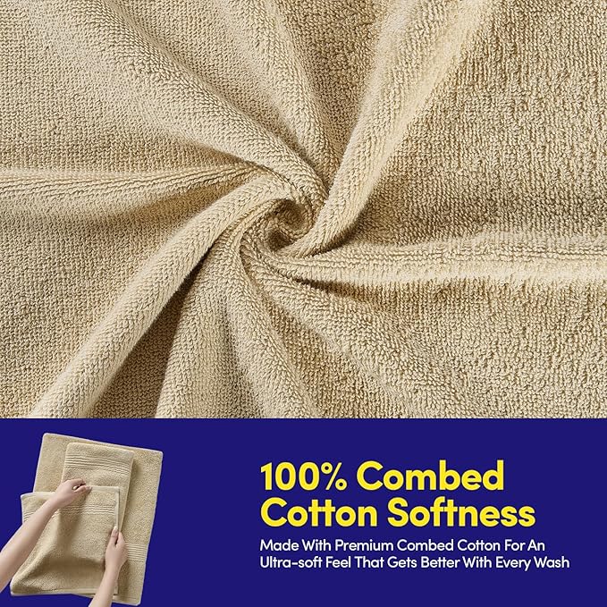 Bath Towels 8 Piece Towel Set – 100% Combed Cotton – Bath + Hand + Washcloths – Oeko-TEX Certified Soft & Absorbent Towels with Durable Double-Stitched Edges for Bathroom or Guest Spa, Beige