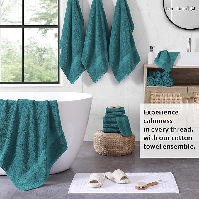 LANE LINEN 100% Ring Spun Cotton Bath Towel Set, 18PCs - 8 Washcloths, 4 Shower Towels, 6 Hand Towels for Bathroom - Hotel Quality Softness & Oeko-Tex Certified, Ultra Absorbent - Sea Port