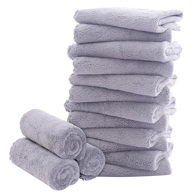 16 Pack Baby Washcloths - Luxury Coral Fleece - Extra Absorbent and Soft Wash Clothes for Newborn, Infants and Toddlers - Suitable for Sensitive Skin and New Born - Baby Shower - Light Grey,10x10 Inch