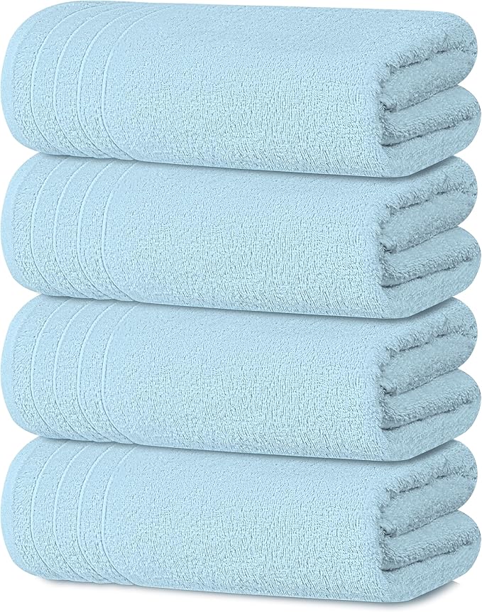 Tens Towels Pack of 4 Extra Large Bath Towels 30 x 60 Inches, 100% Cotton, Larger & Lighter Weight, Quicker to Dry, Super Soft and Absorbent, Perfect for Bathroom, Sky Blue
