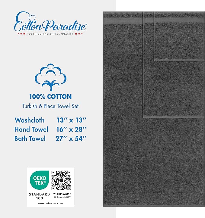 Cotton Paradise 6 Piece Towel Set 100% Cotton Soft Absorbent Turkish Towels for Bathroom 2 Bath Towels 2 Hand Towels 2 Washcloths, Dark Gray Towel Set