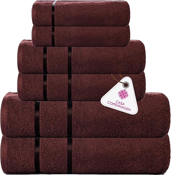 CASA COPENHAGEN Eternal 6 Pieces Towel Set- Brown, 500 GSM 2 Bath Towel 2 Hand Towel 2 Washcloth, Designed in Denmark Made of Soft Egyptian Cotton for Bathroom, Kitchen & Shower