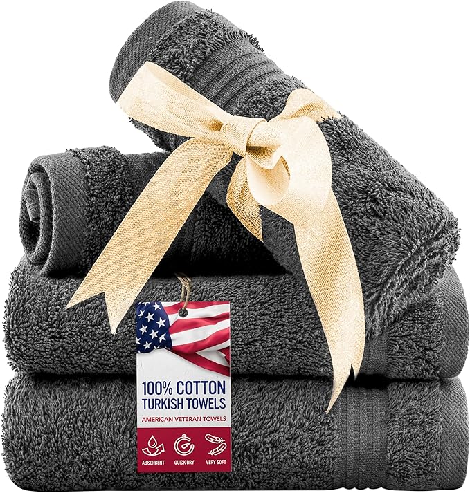 American Veteran Towel, 100% Cotton Turkish Washcloths for Bathroom Essentials 4 Pack, Soft Absorbent Wash Cloths Quick Drying Small Towels Washrags, Dark Gray