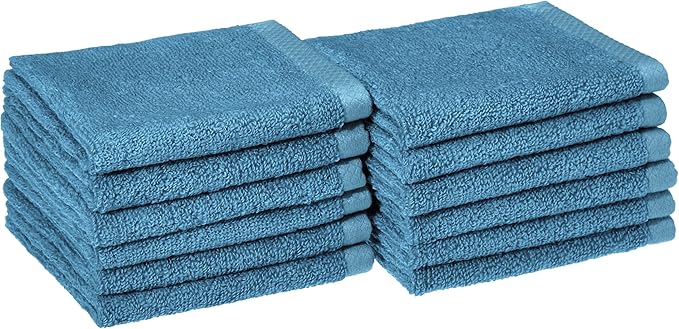 Amazon Basics Cotton Washcloths, Quick-Dry, 12" x 12", 12-Pack, Lake Blue
