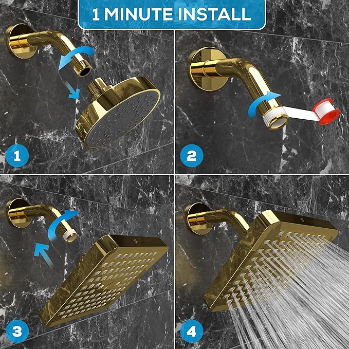 SparkPod Shower Head - High Pressure Rain - Premium Quality Luxury Design - 1-Min Install - Easy Clean Adjustable Replacement for Your Bathroom Shower Heads (Egyptian Gold, 6 Inch Square)