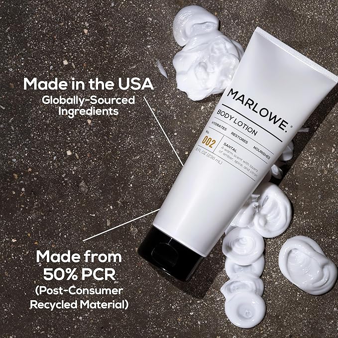 MARLOWE. No. 002 Santal Body Lotion 8 Oz, Moisturizing & Nourishing Daily Dry Skin Lotion for Men, Made with Hydrating Natural Aloe Vera, Non-Oily, Warm Amber, Sandalwood & Citron Scent, Vegan
