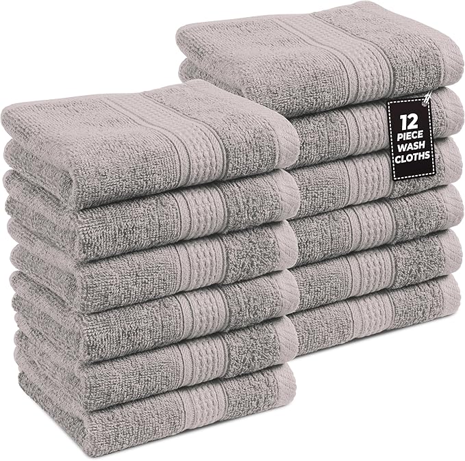 LANE LINEN 100% Cotton Wash Cloths - 12 Pcs - Spa & Salon Quality - Ring Spun Cotton Face Cloths - Soft & Absorbent Washcloths for Body, Beauty, Home, Gym - Fingertip Towels Set - 13"x13", Platinum