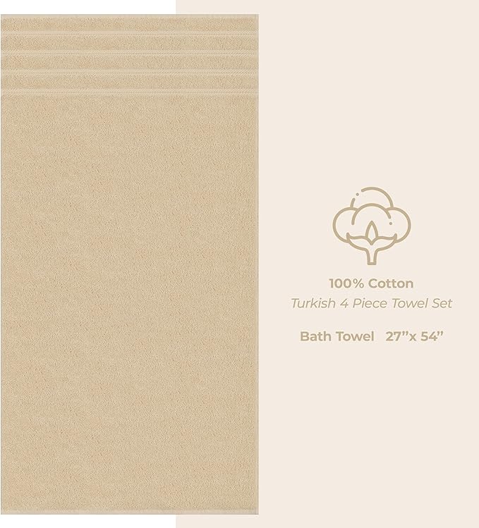American Soft Linen Luxury 4 Piece Bath Towel Set, 600 GSM 100% Cotton Turkish Bath Towels for Bathroom, 27x54 in Extra Large Bathroom Shower Towels, Beige