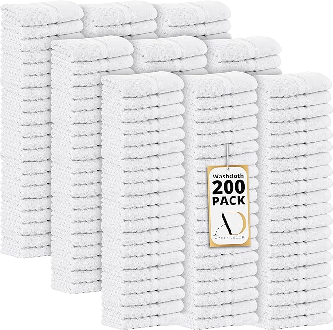 Ample Decor Washcloth Set of 200 White 100% Cotton - Qucik Dry Popcorn Textured - Mulaayam Collection - 12 X 12 Inch