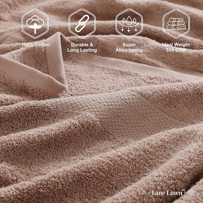 LANE LINEN 100% Mercerized Cotton Luxury Bathroom Towels Set - 6 Pieces - Ring Spun Technology - 2 Bath, 2 Washcloths, 2 Hand Towels - Suitable for All Skin Types Including Sensitive Skin - Taupe