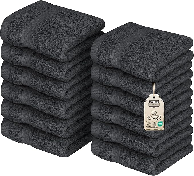 Utopia Towels 12 Pack Premium Wash Cloths Set, 12 by 12 Inches, 100% Cotton Ring Spun, Highly Absorbent and Soft Feel Essential Washcloths for Bathroom, Spa, Gym, and Face, Grey